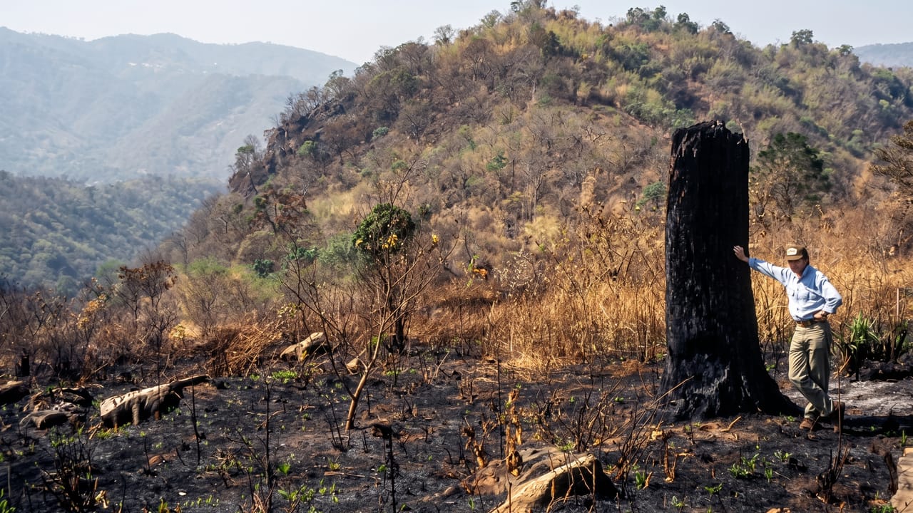 The same hillside in the upper Mae Sa Valley, photographed from beside a charred stump that survives in every frame.